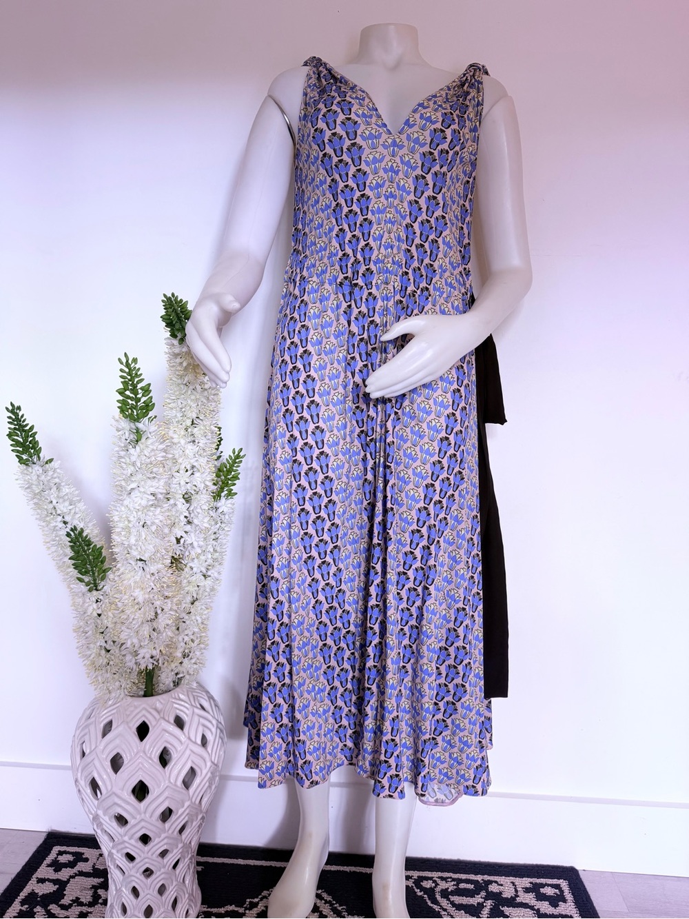 Prada Milano Floral Print Midi Dress Size 38 Made in Italy Belted Sleeveless